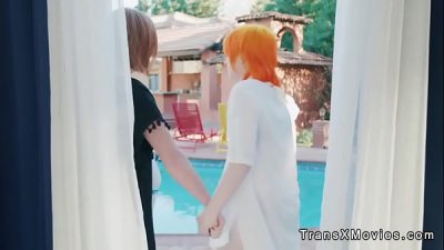 Threesome shemales fucking & recording – amateur group porno video